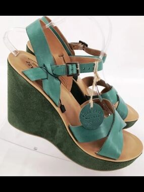 Kork-Ease Green Teal Leather-Covered Wedge Sandals